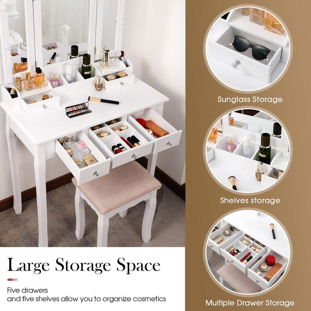 White Makeup Vanity Desk with Mirror and Chair W44415