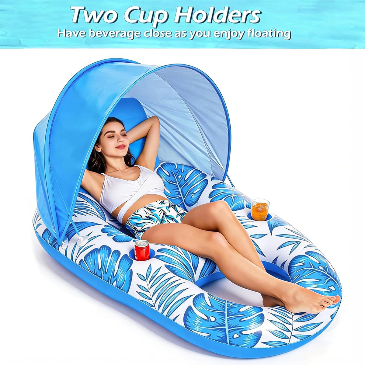 Inflatable Pool Float Lounger with Canopy and Cup Holders S563832