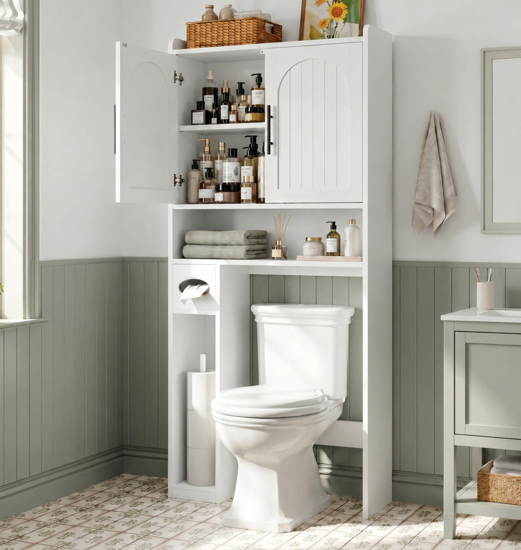 34" Over the Toilet Storage Cabinet with Arched Doors, White N493