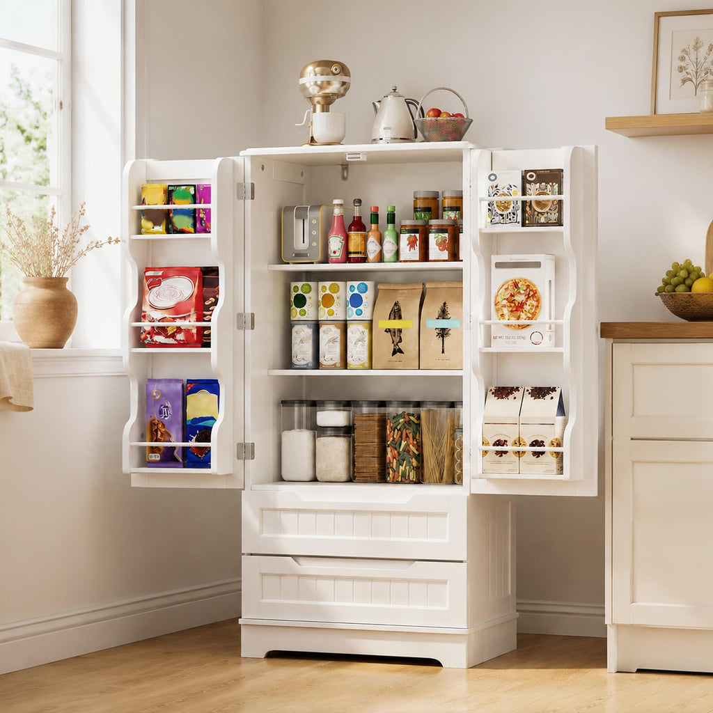 White Pantry Cabinet with 2 Drawers and 6 Door Shelves D3462