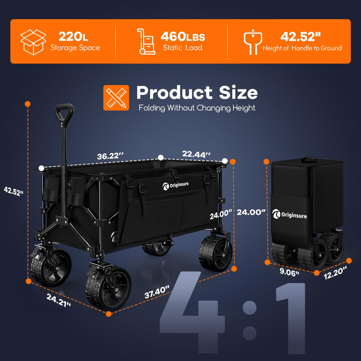 220L Collapsible Beach Wagon Cart with Big Wheels, Black R8895