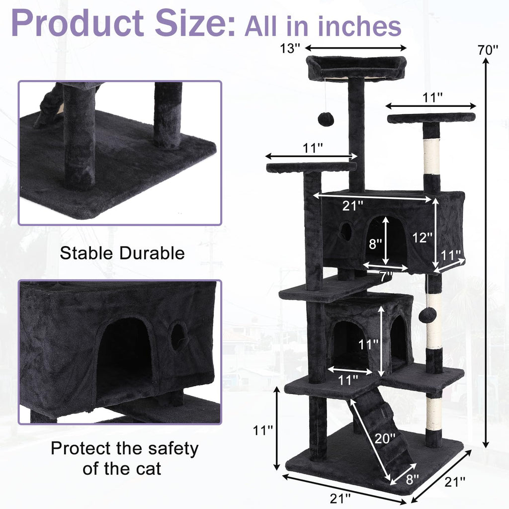 70 Inches Dark Gray Multi-Level Cat Tree with Litter Box Enclosure L87636