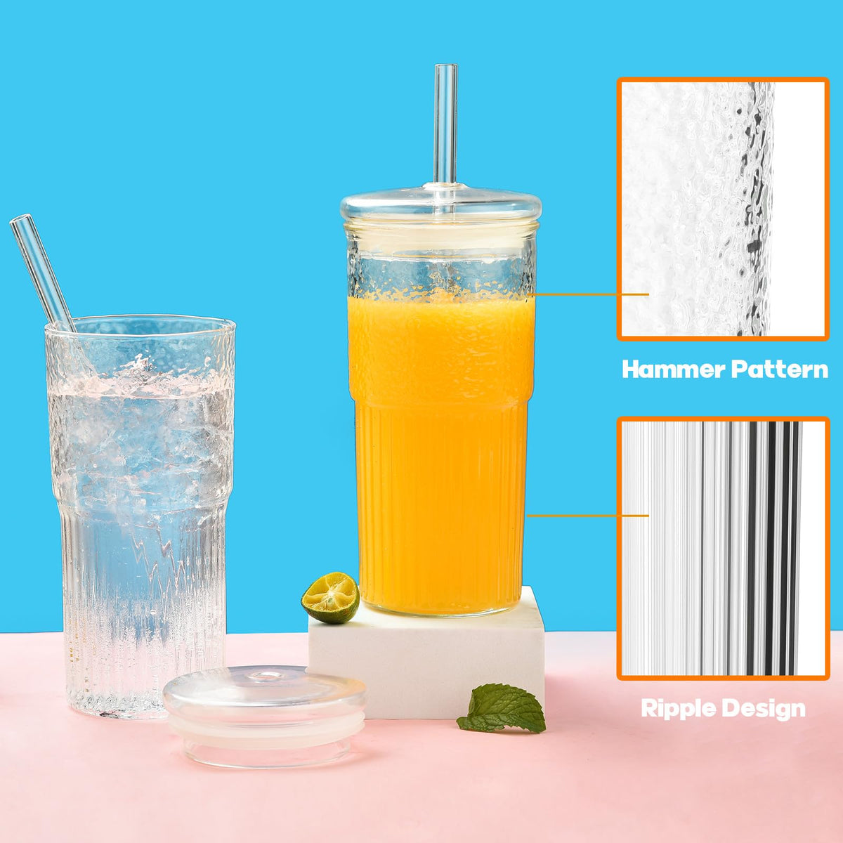 22 oz High Borosilicate Clear Glass Cups with Lids and Straws, Pack of 2 H654