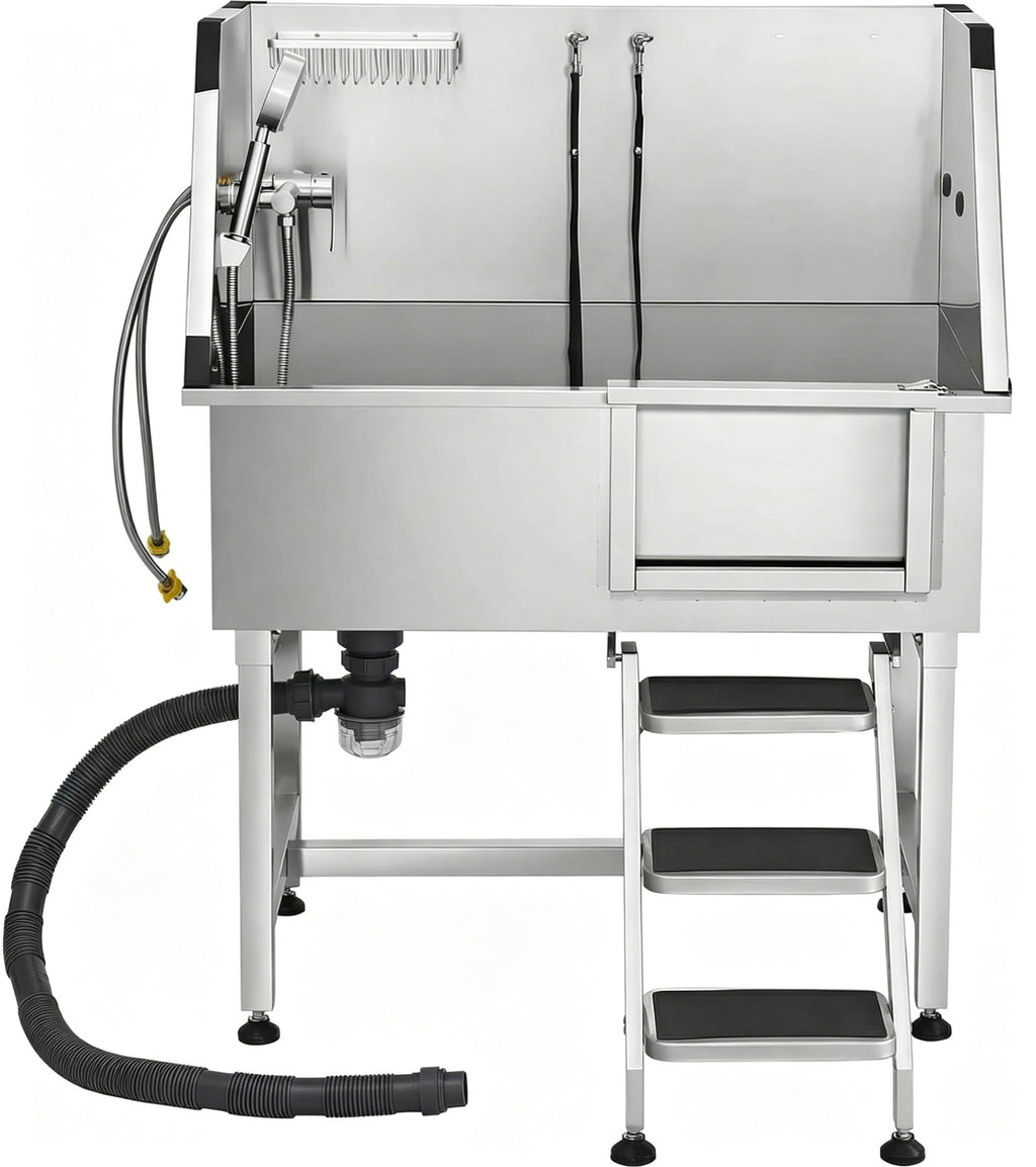 38” Stainless Steel Dog Washing Station with Faucet and Non-Slip Steps W44166