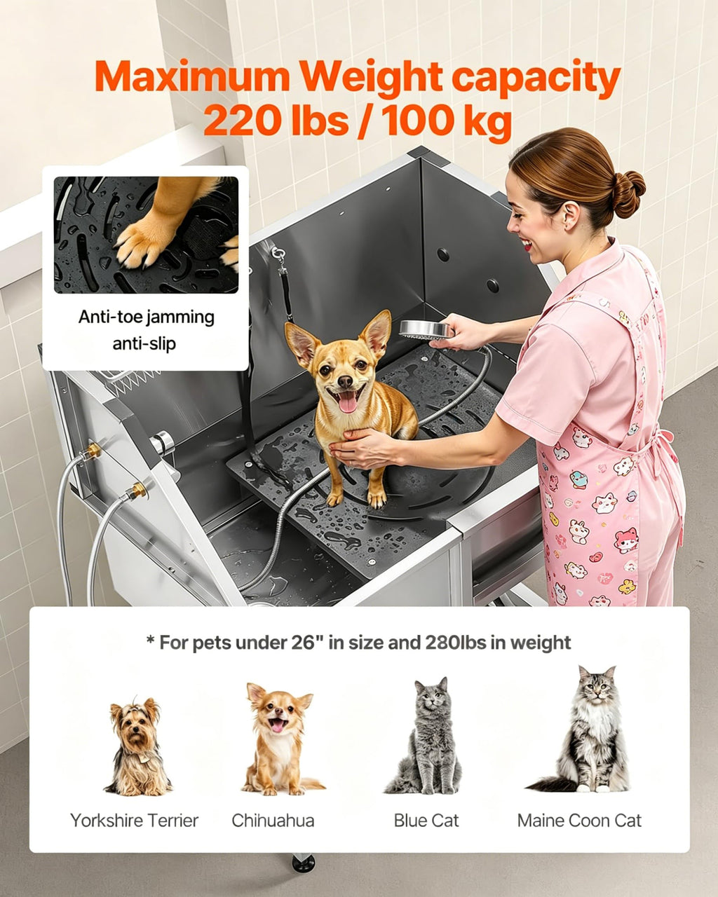 38” Stainless Steel Dog Washing Station with Faucet and Non-Slip Steps W44166