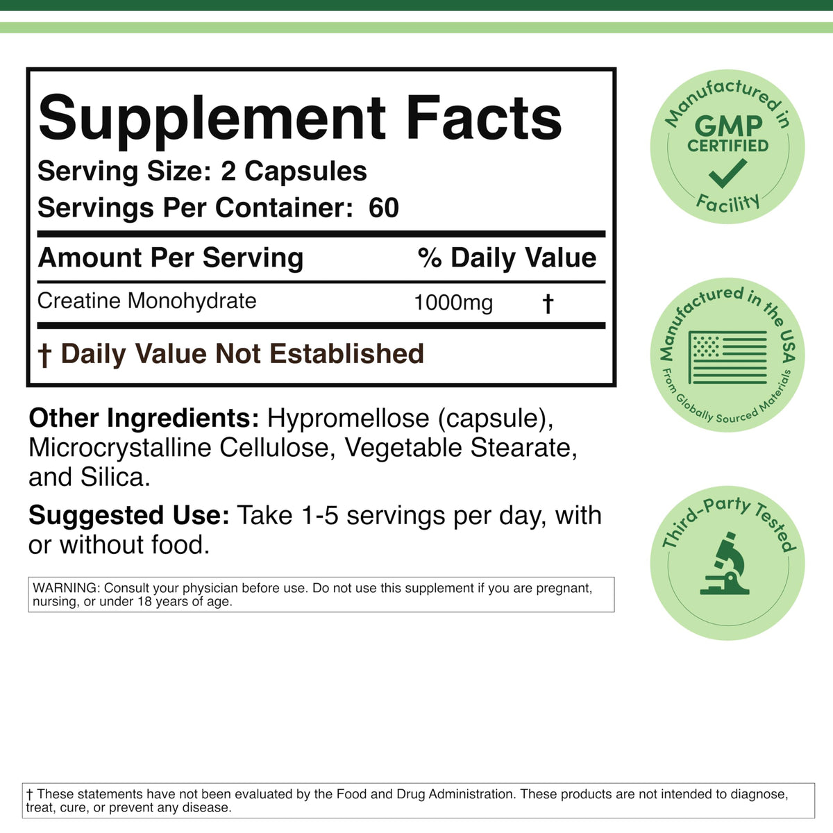 Creatine Monohydrate Capsules 1,000mg Vegan 120 Capsules L109