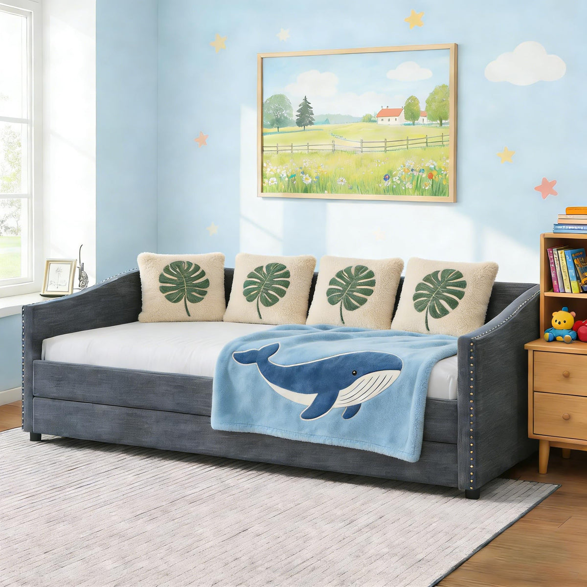 Twin Size Upholstered Daybed Frame with Trundle, Dark Grey O853682
