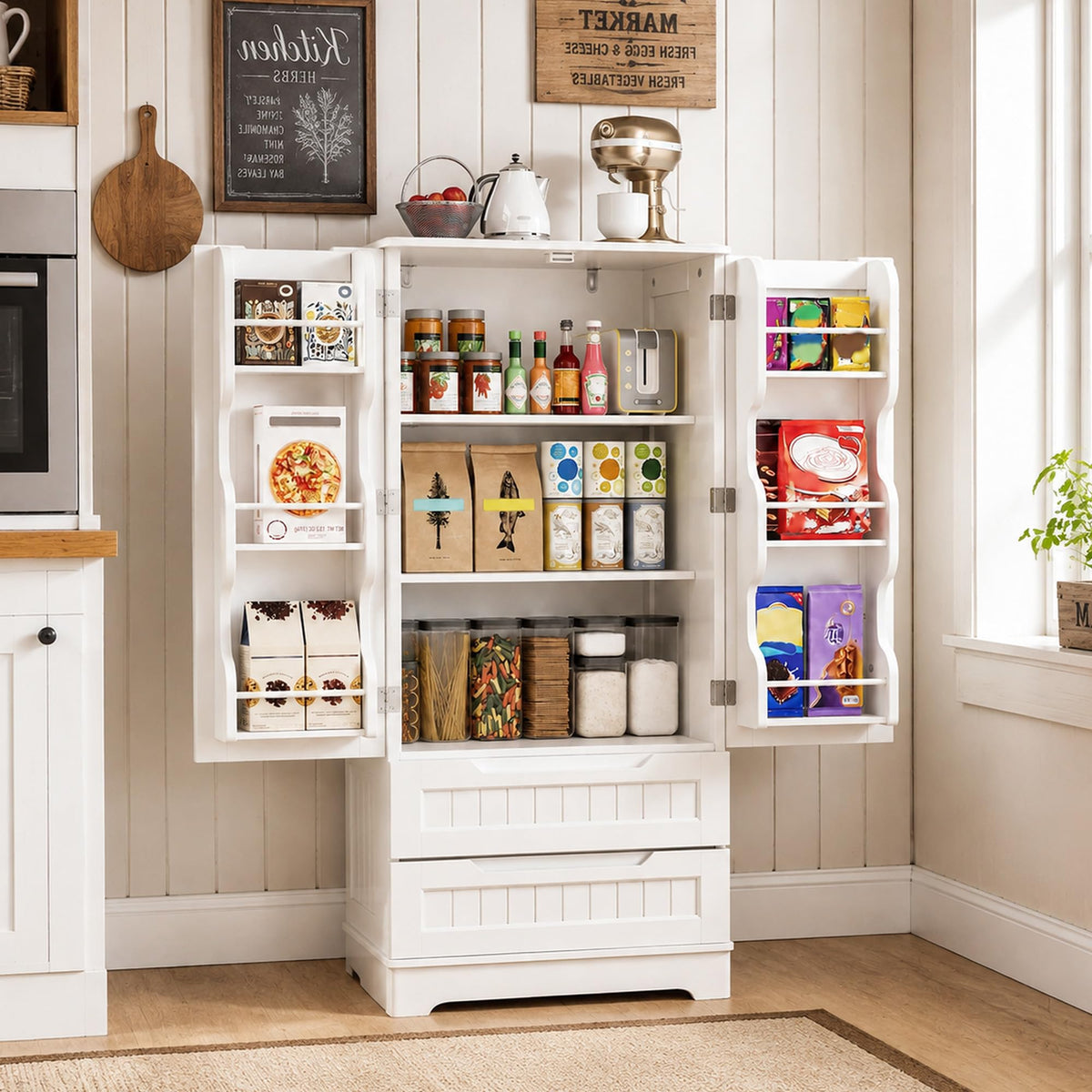 White Pantry Cabinet with 2 Drawers and 6 Door Shelves D3462