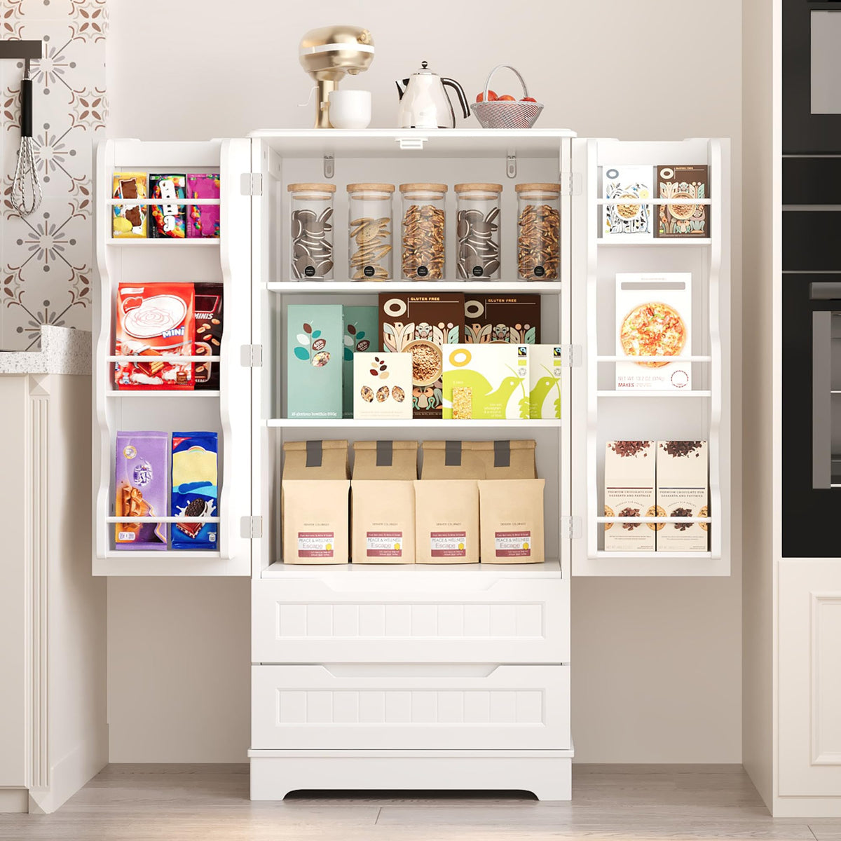 White Pantry Cabinet with 2 Drawers and 6 Door Shelves D3462