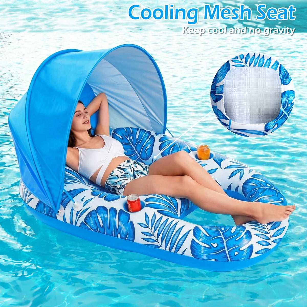 Inflatable Pool Float Lounger with Canopy and Cup Holders S563832