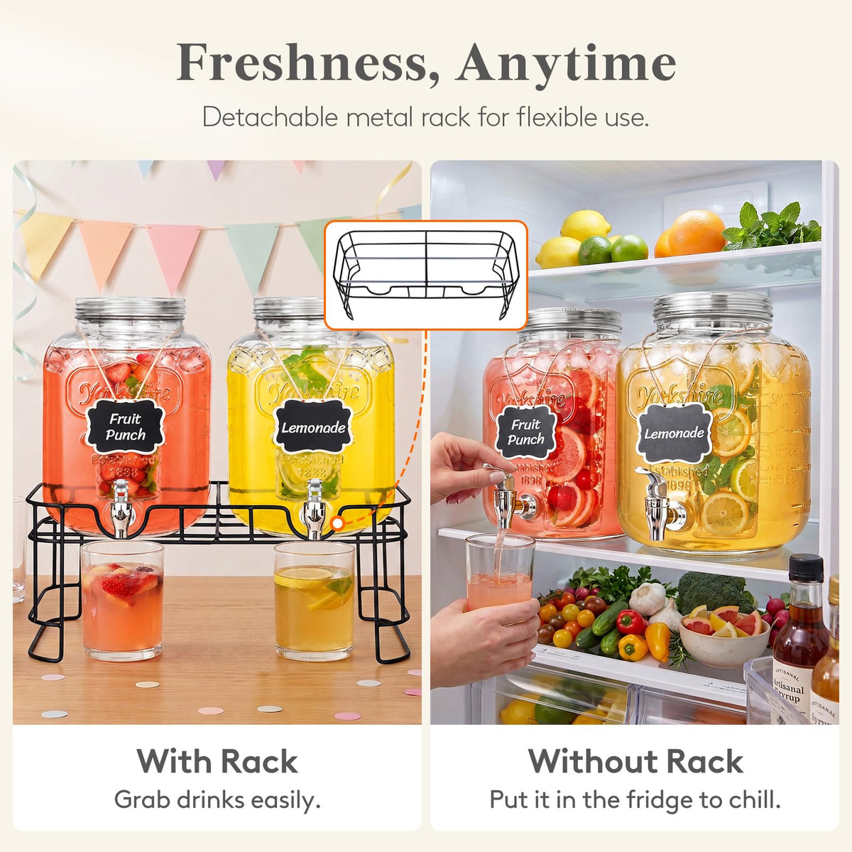 1.6 Gallon Glass Drink Dispenser with Stand & Fruit Infuser 2 Pcs Y476