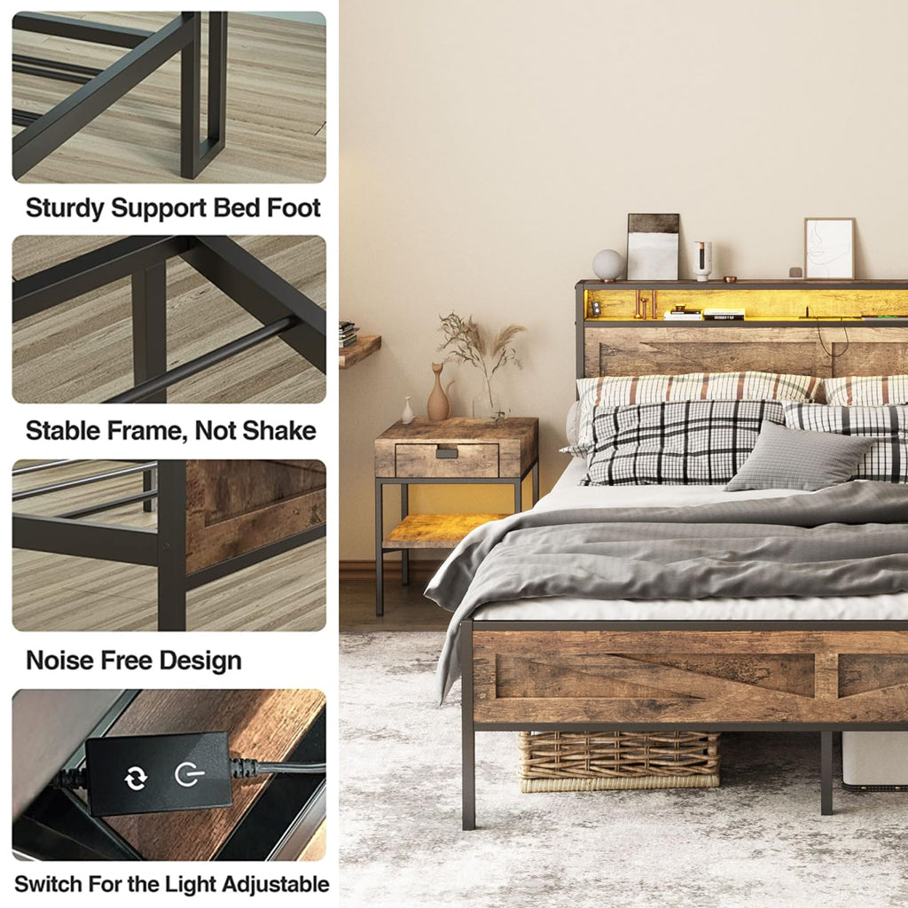 Queen Size LED Metal Platform Bed Frame with Charging Station D9167