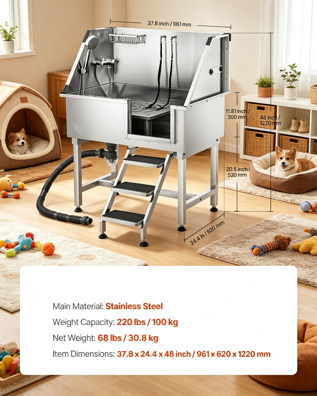 38” Stainless Steel Dog Washing Station with Faucet and Non-Slip Steps W44166