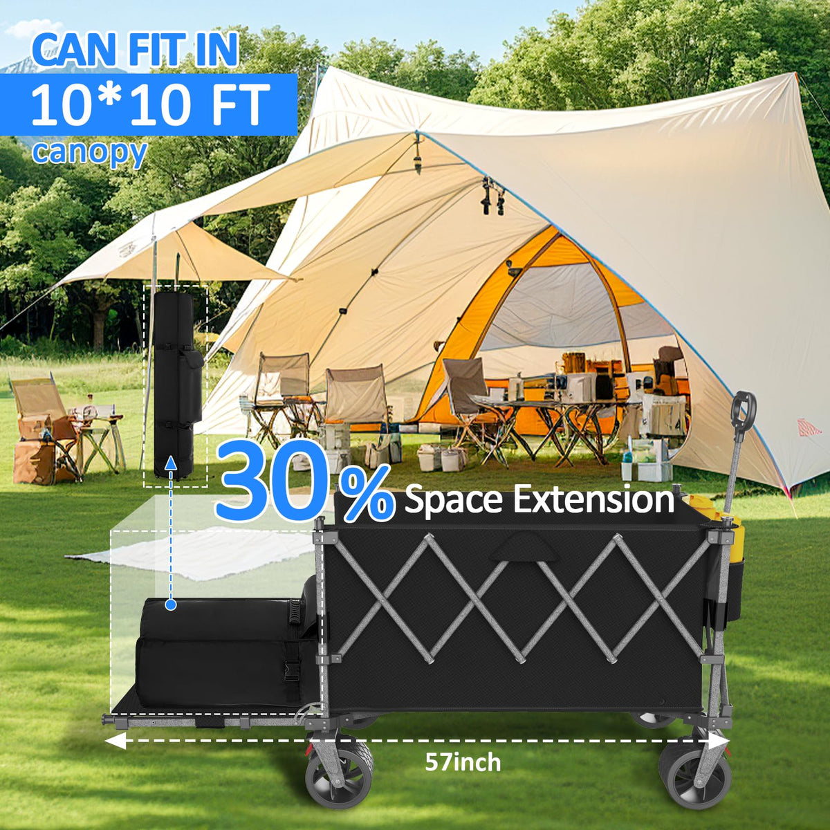 57" L Collapsible Foldable Wagon with Tailgate & Brake, 500LBS Heavy Duty Beach Wagons with All-Terrain Big Wheels, 300L Folding Utility Cart (Black) R711715