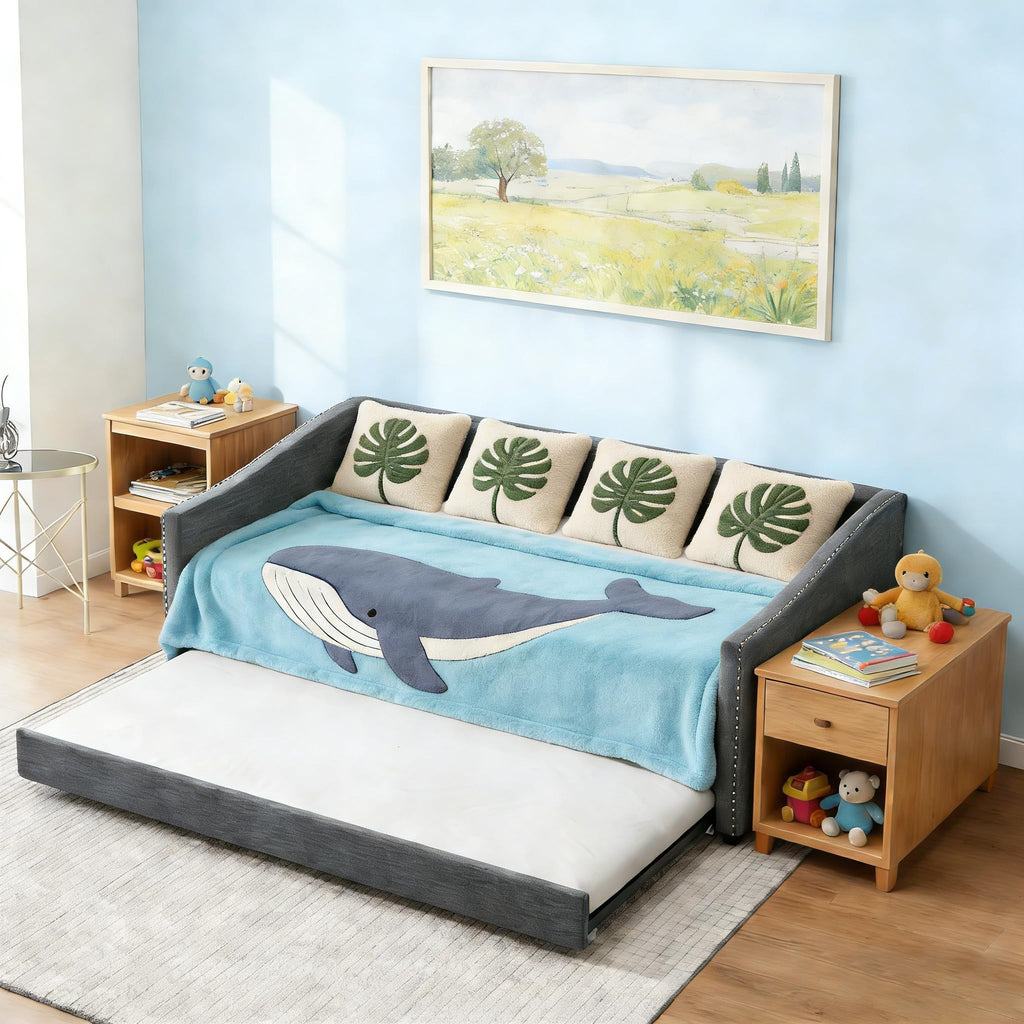 Twin Size Upholstered Daybed Frame with Trundle, Dark Grey O853682