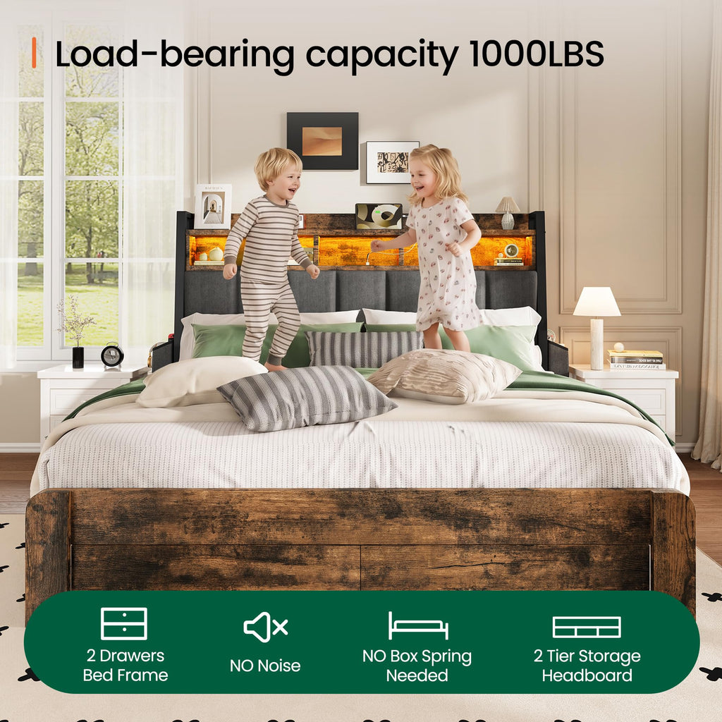 King Size Upholstered Bed Frame with 2 Storage Drawers and Charging Station W911