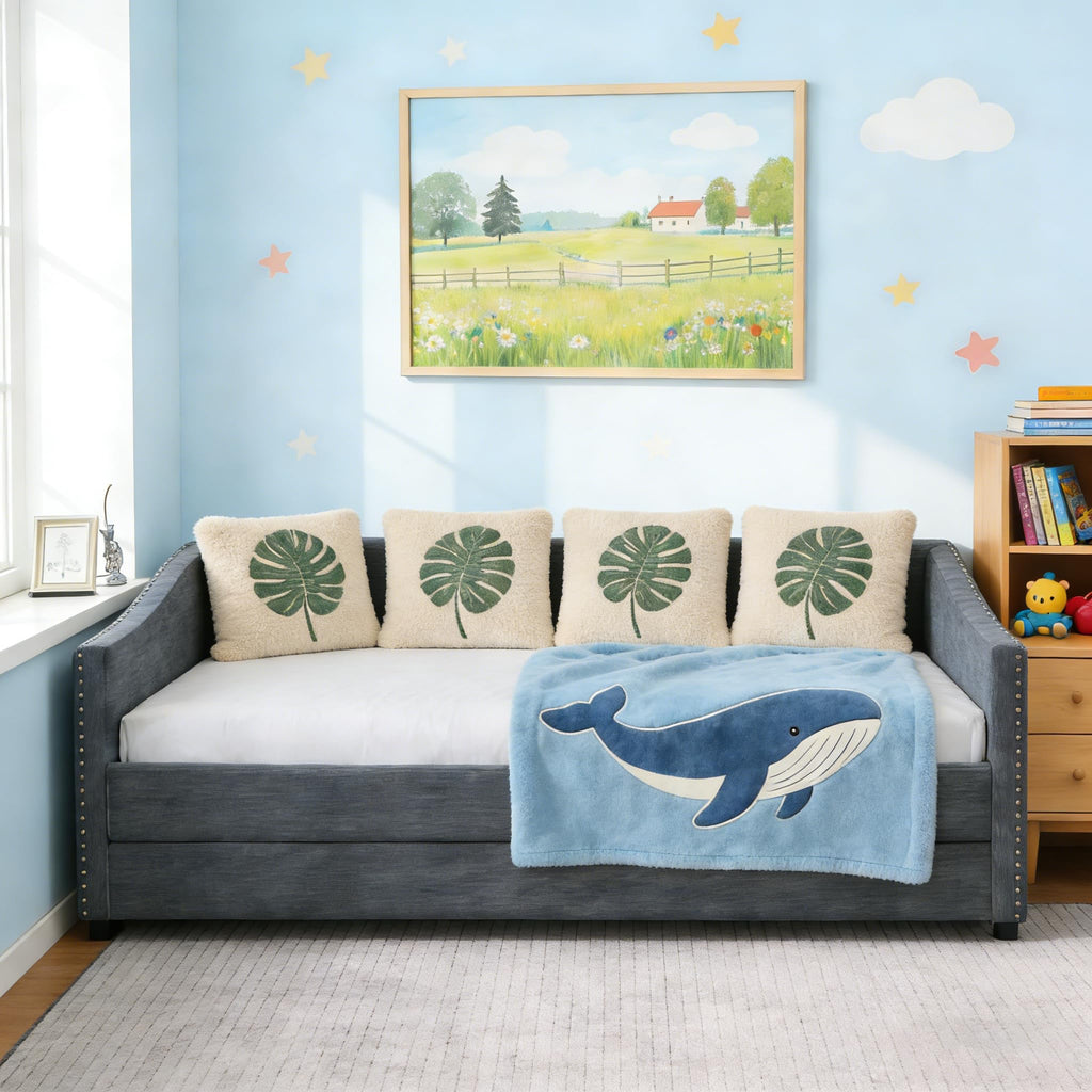 Twin Size Upholstered Daybed Frame with Trundle, Dark Grey O853682