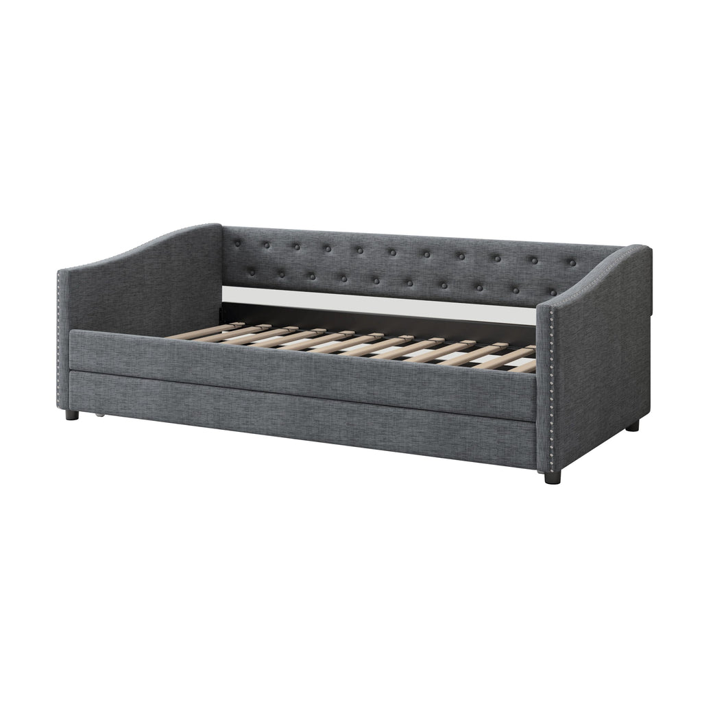 Twin Size Upholstered Daybed Frame with Trundle, Dark Grey O853682