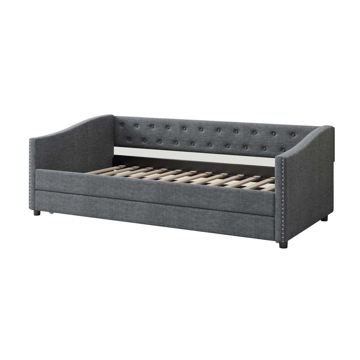 Twin Size Upholstered Daybed Frame with Trundle, Dark Grey O853682