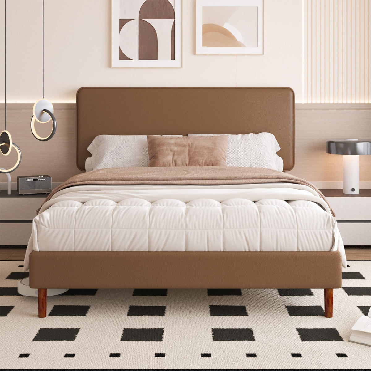 Brown Leather Full Size Platform Bed Frame W299
