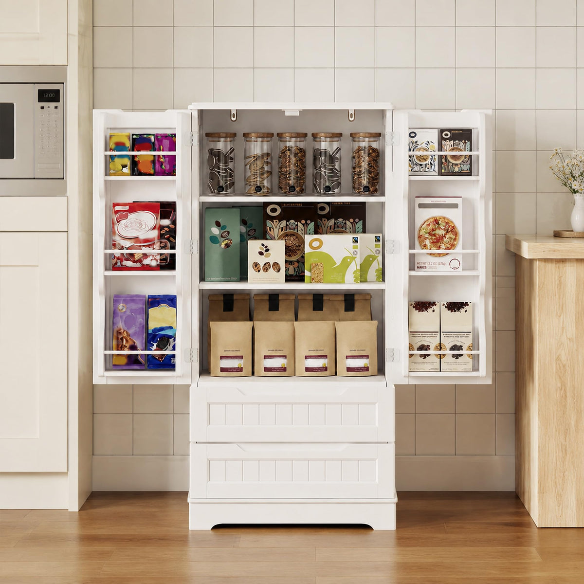 White Pantry Cabinet with 2 Drawers and 6 Door Shelves D3462