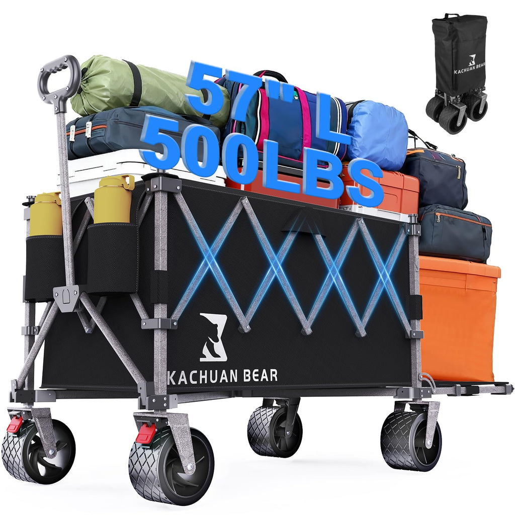 57" L Collapsible Foldable Wagon with Tailgate & Brake, 500LBS Heavy Duty Beach Wagons with All-Terrain Big Wheels, 300L Folding Utility Cart (Black) R711715