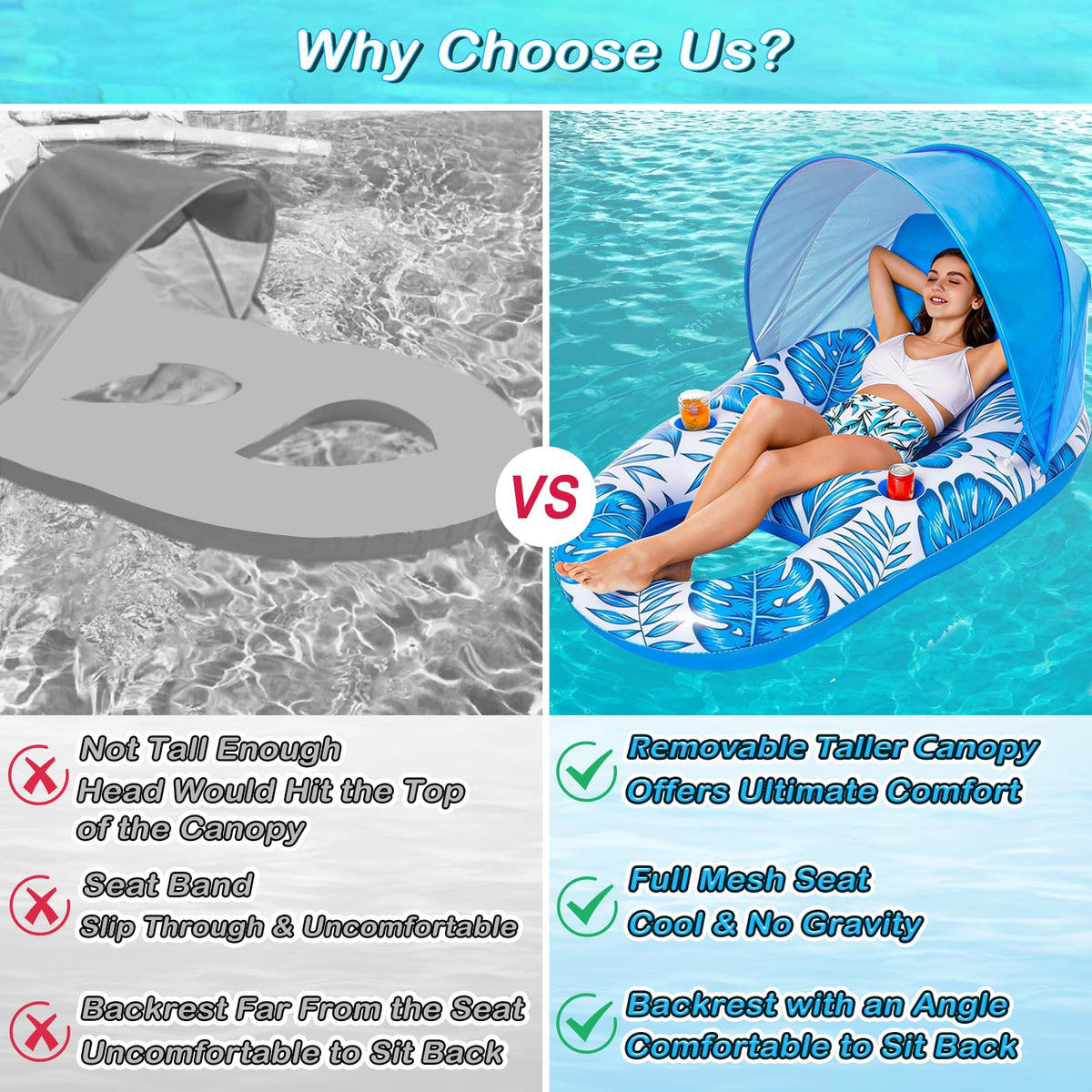 Inflatable Pool Float Lounger with Canopy and Cup Holders S563832