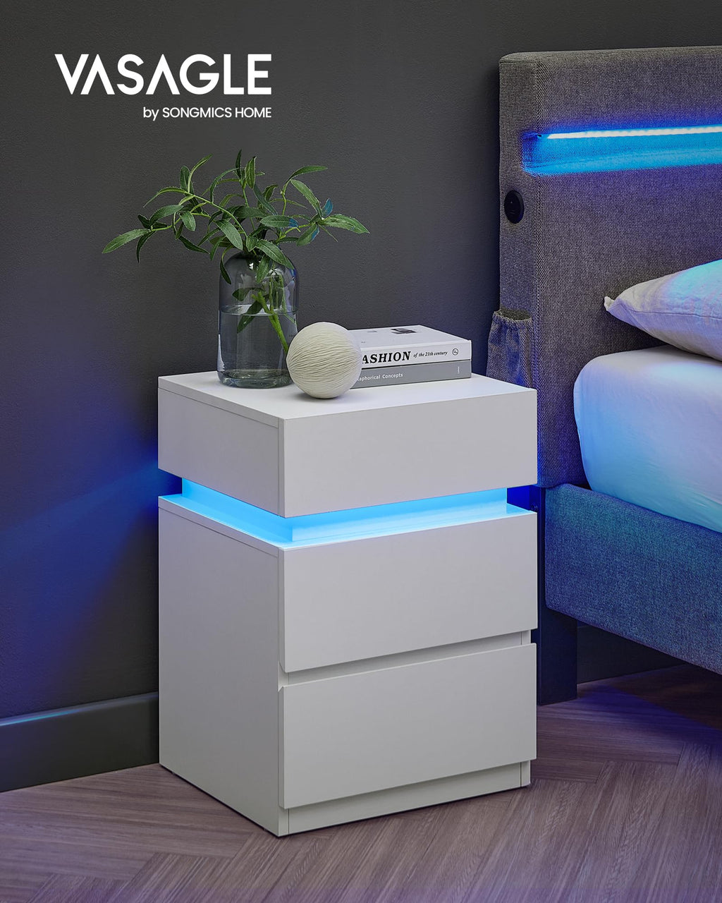 LED Nightstand with Charging Station, 3 Drawers N889624