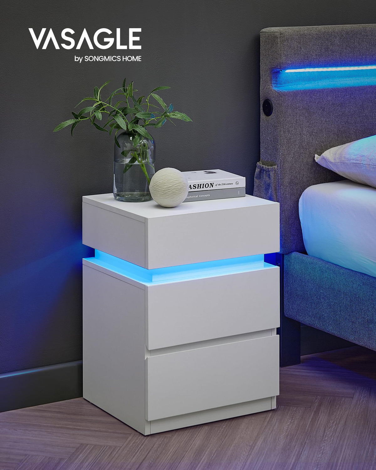 LED Nightstand with Charging Station, 3 Drawers N889624