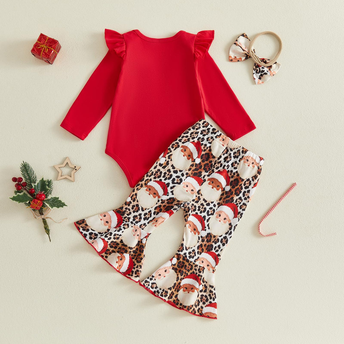 Christmas Baby Girl Outfit Romper Flared Pants Headband H76081