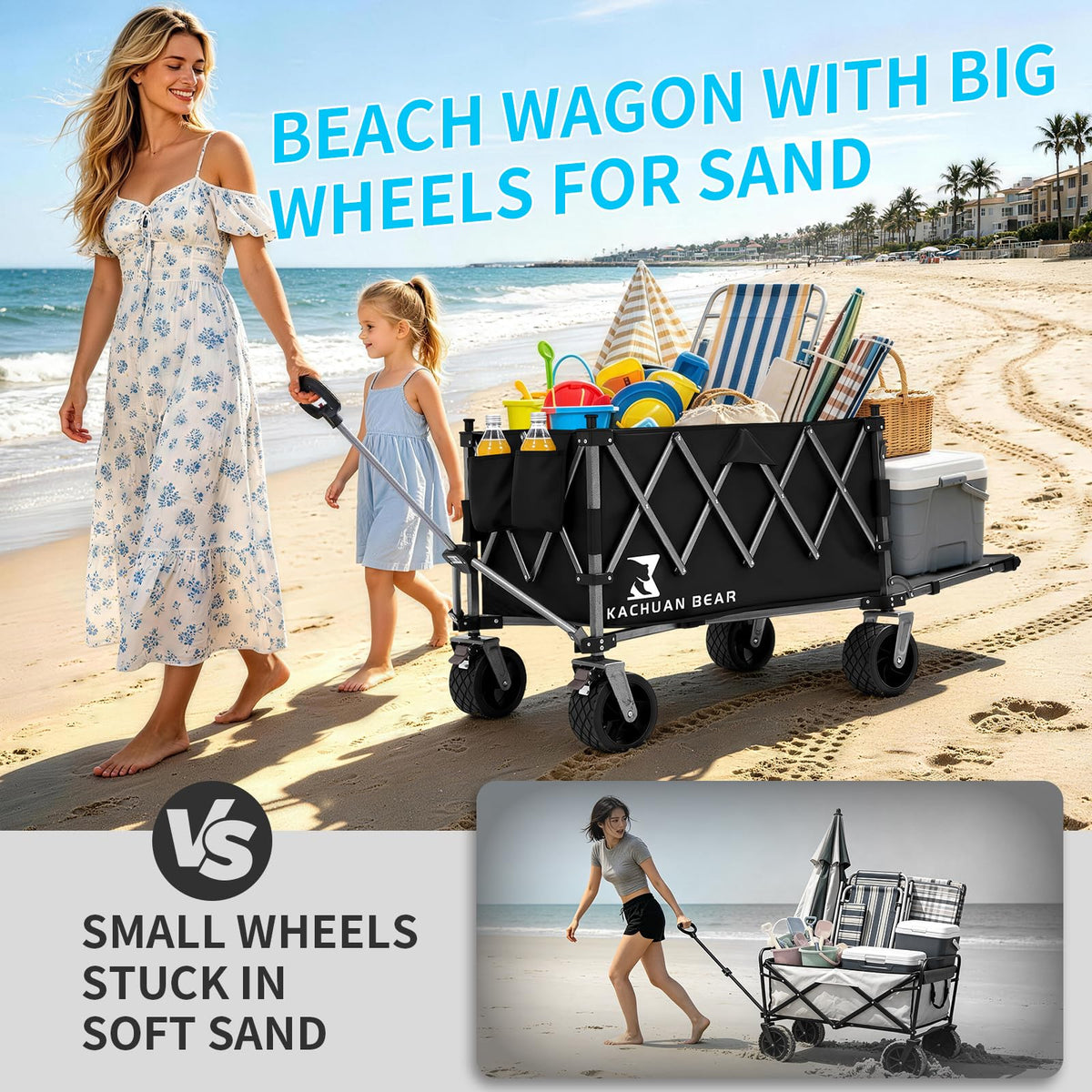 57" L Collapsible Foldable Wagon with Tailgate & Brake, 500LBS Heavy Duty Beach Wagons with All-Terrain Big Wheels, 300L Folding Utility Cart (Black) R711715