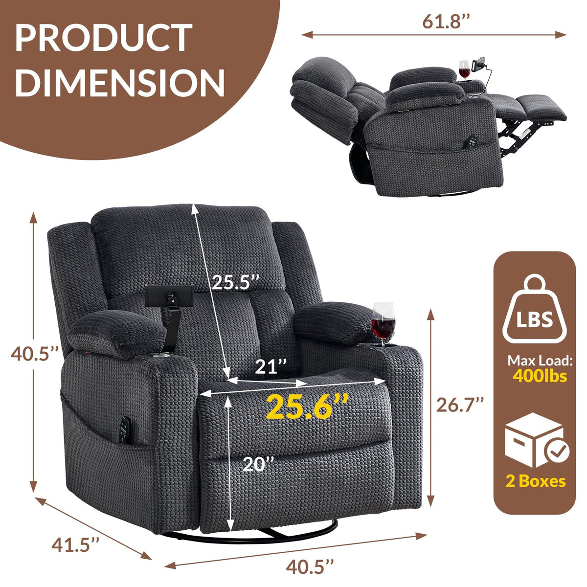 Oversized Power Recliner Chair with Massage and Heat, Grey S128