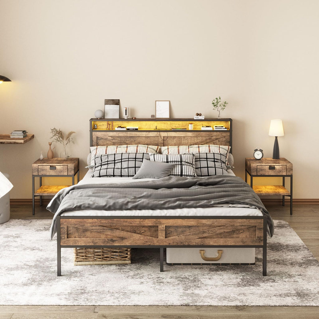 Queen Size LED Metal Platform Bed Frame with Charging Station D9167