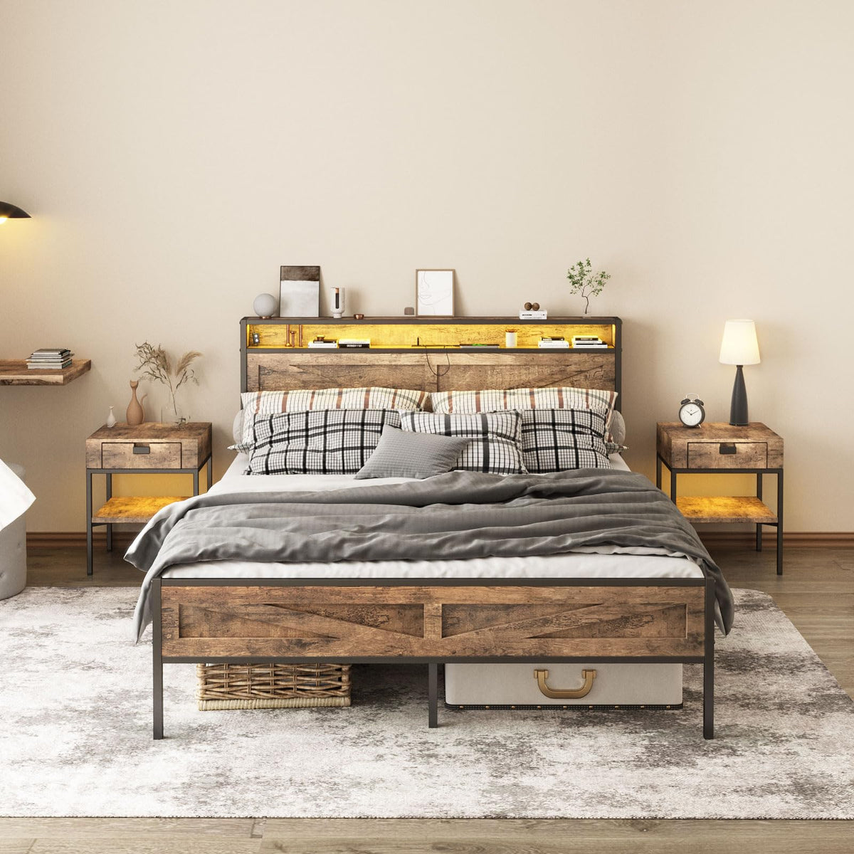 Queen Size LED Metal Platform Bed Frame with Charging Station D9167
