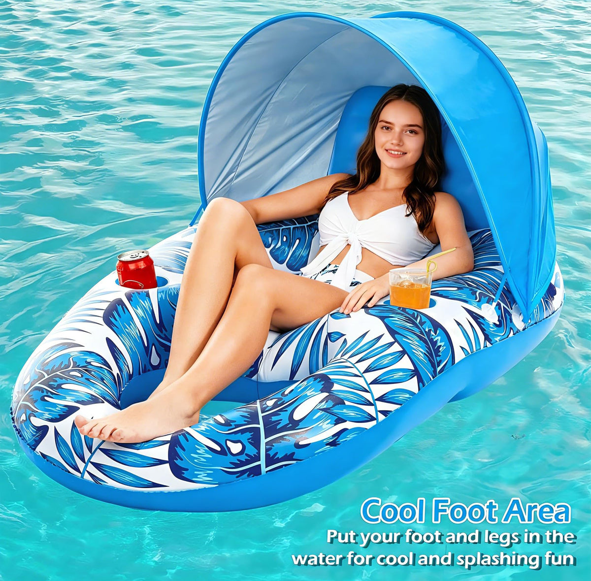Inflatable Pool Float Lounger with Canopy and Cup Holders S563832