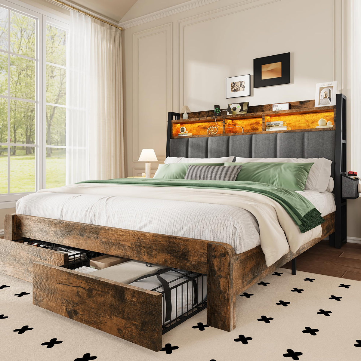 King Size Upholstered Bed Frame with 2 Storage Drawers and Charging Station W911