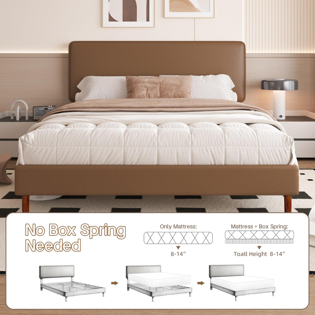 Brown Leather Full Size Platform Bed Frame W299