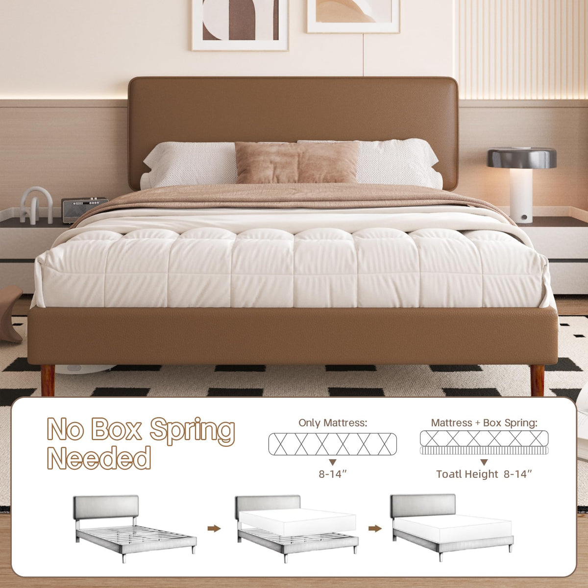 Brown Leather Full Size Platform Bed Frame W299