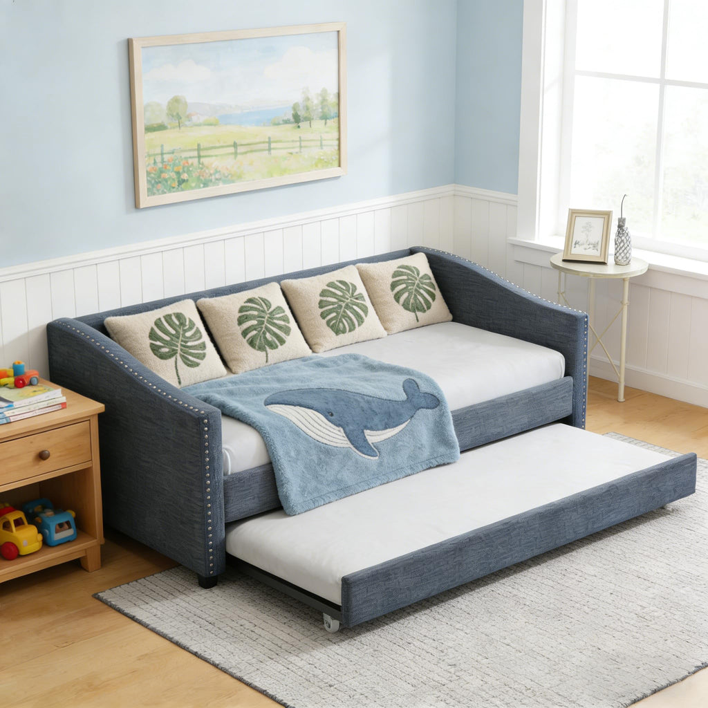 Twin Size Upholstered Daybed Frame with Trundle, Dark Grey O853682