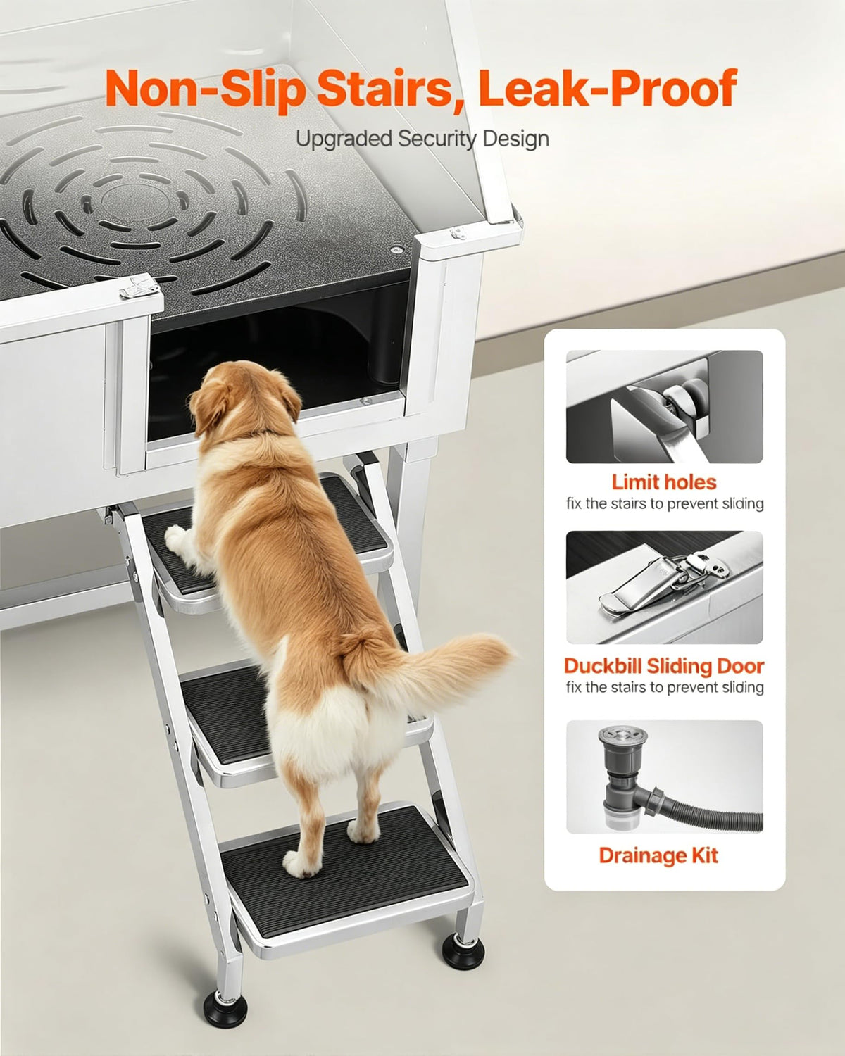 38” Stainless Steel Dog Washing Station with Faucet and Non-Slip Steps W44166
