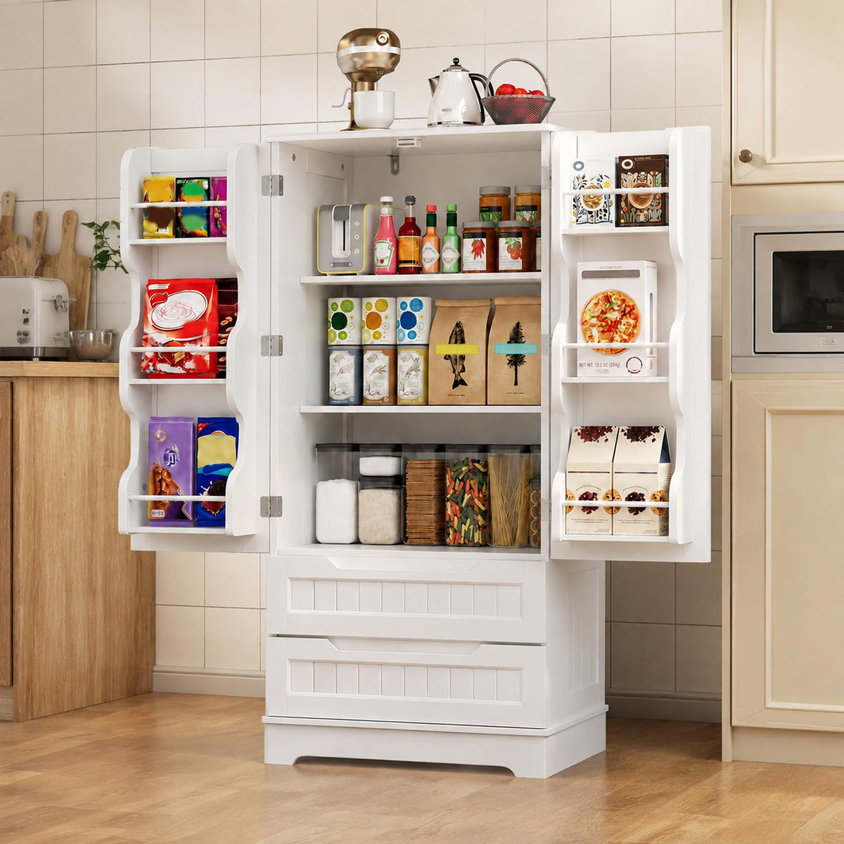 White Pantry Cabinet with 2 Drawers and 6 Door Shelves D3462