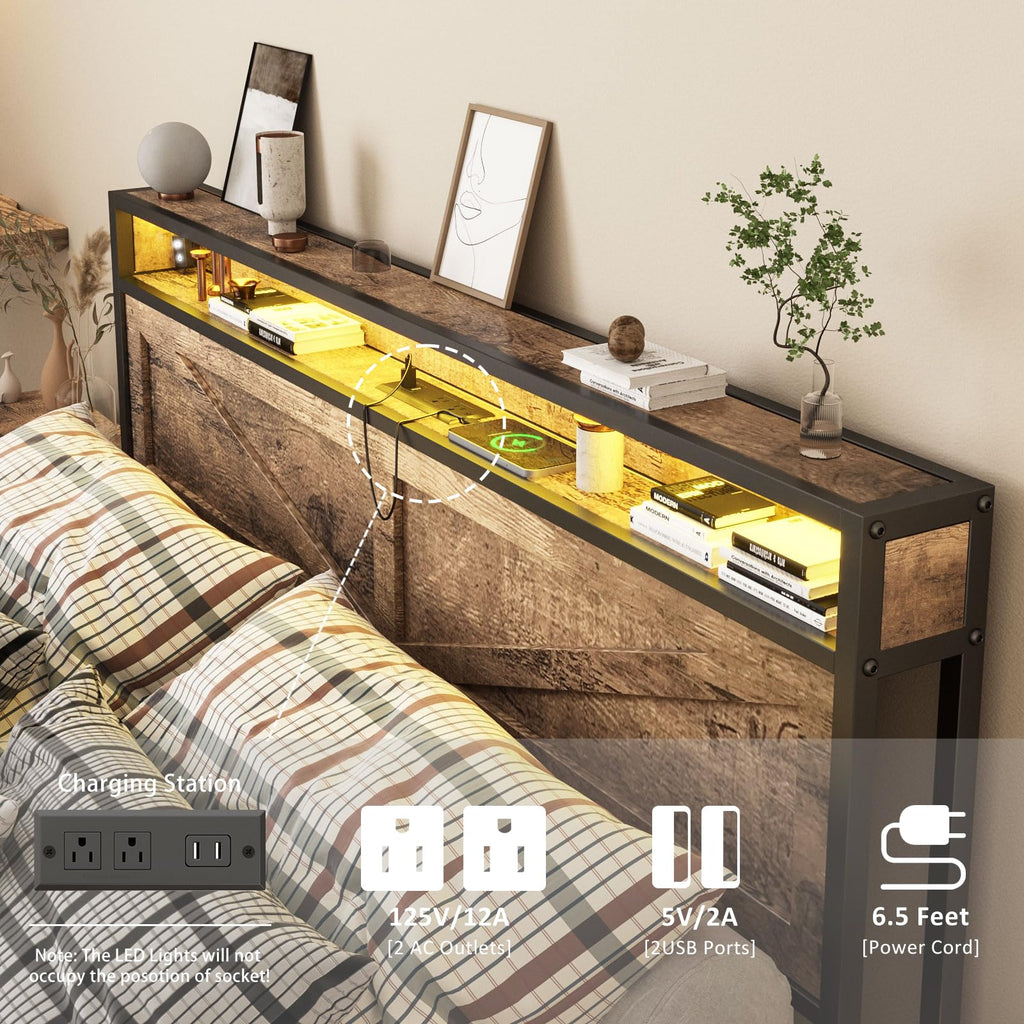 Queen Size LED Metal Platform Bed Frame with Charging Station D9167