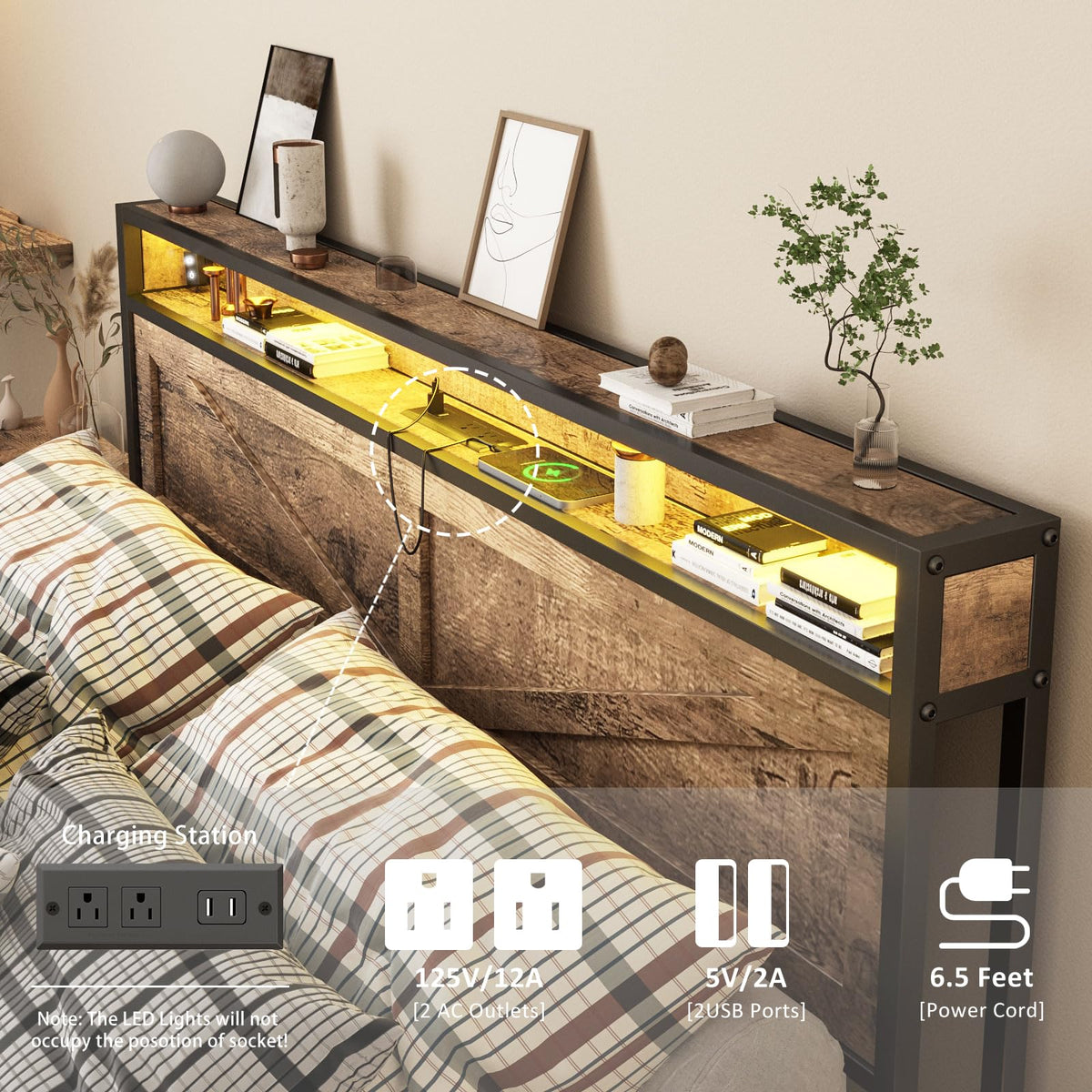 Queen Size LED Metal Platform Bed Frame with Charging Station D9167
