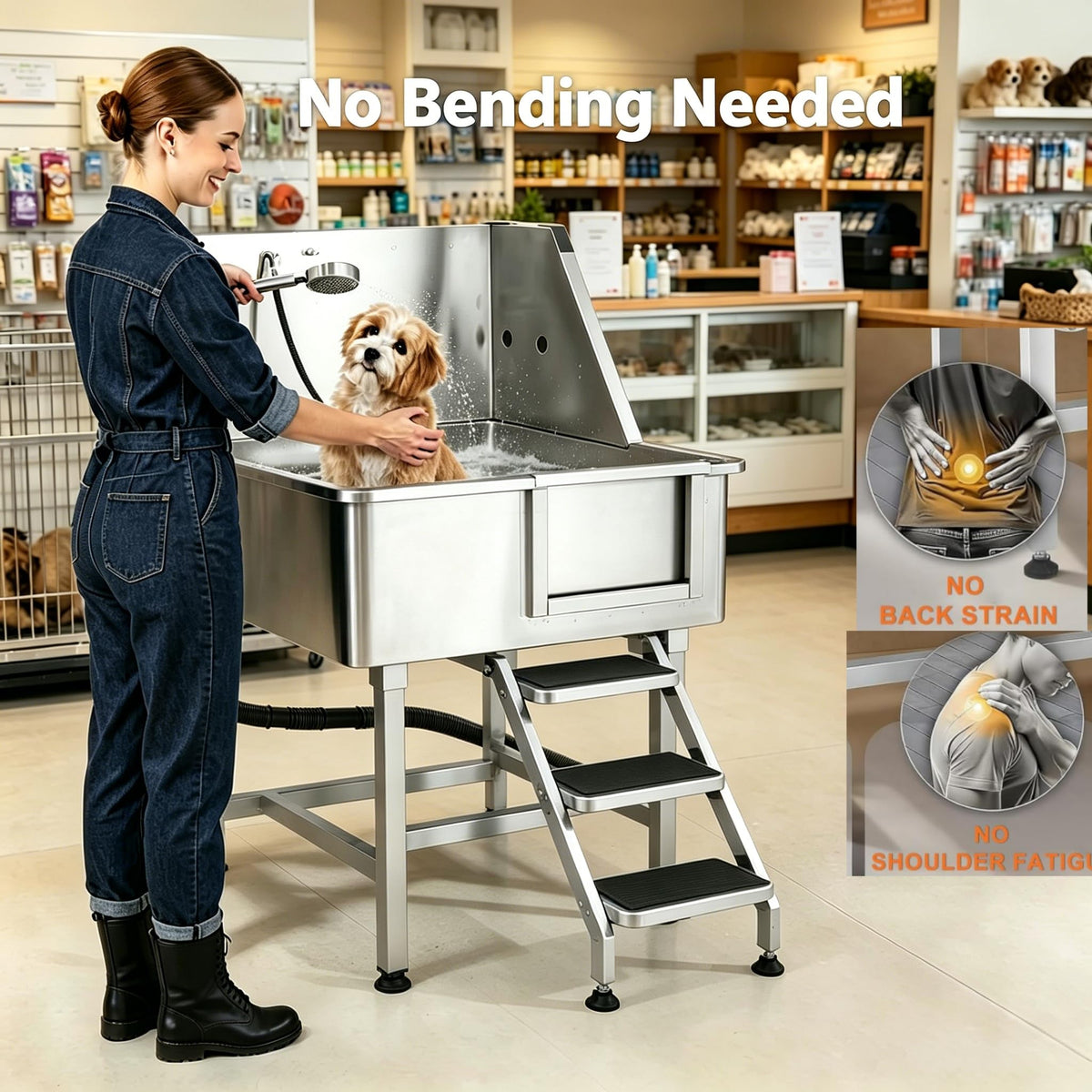 38” Stainless Steel Dog Washing Station with Faucet and Non-Slip Steps W44166