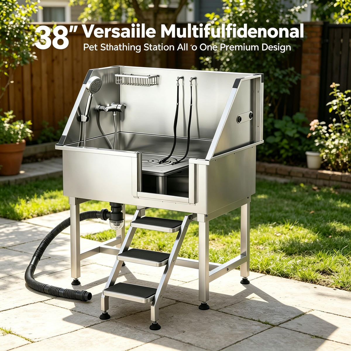 38” Stainless Steel Dog Washing Station with Faucet and Non-Slip Steps W44166