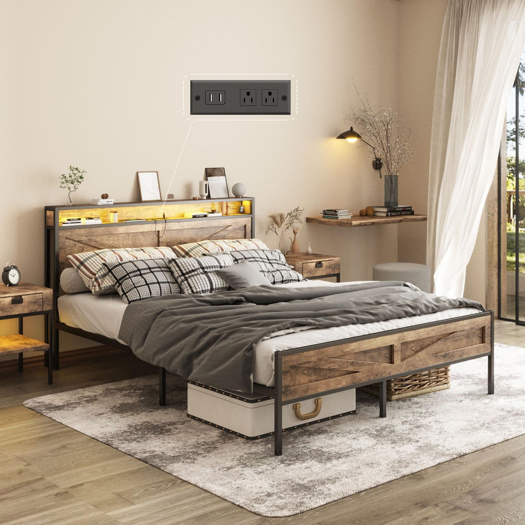Queen Size LED Metal Platform Bed Frame with Charging Station D9167