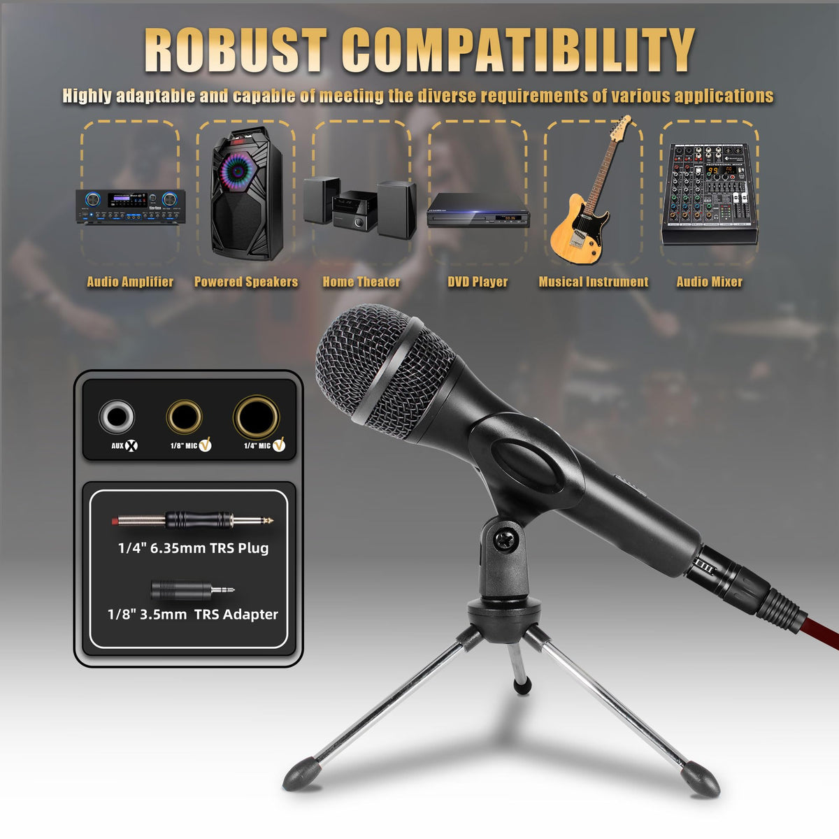 Dynamic Handheld Vocal Microphone with XLR to 1/4'' Audio Cable F4325