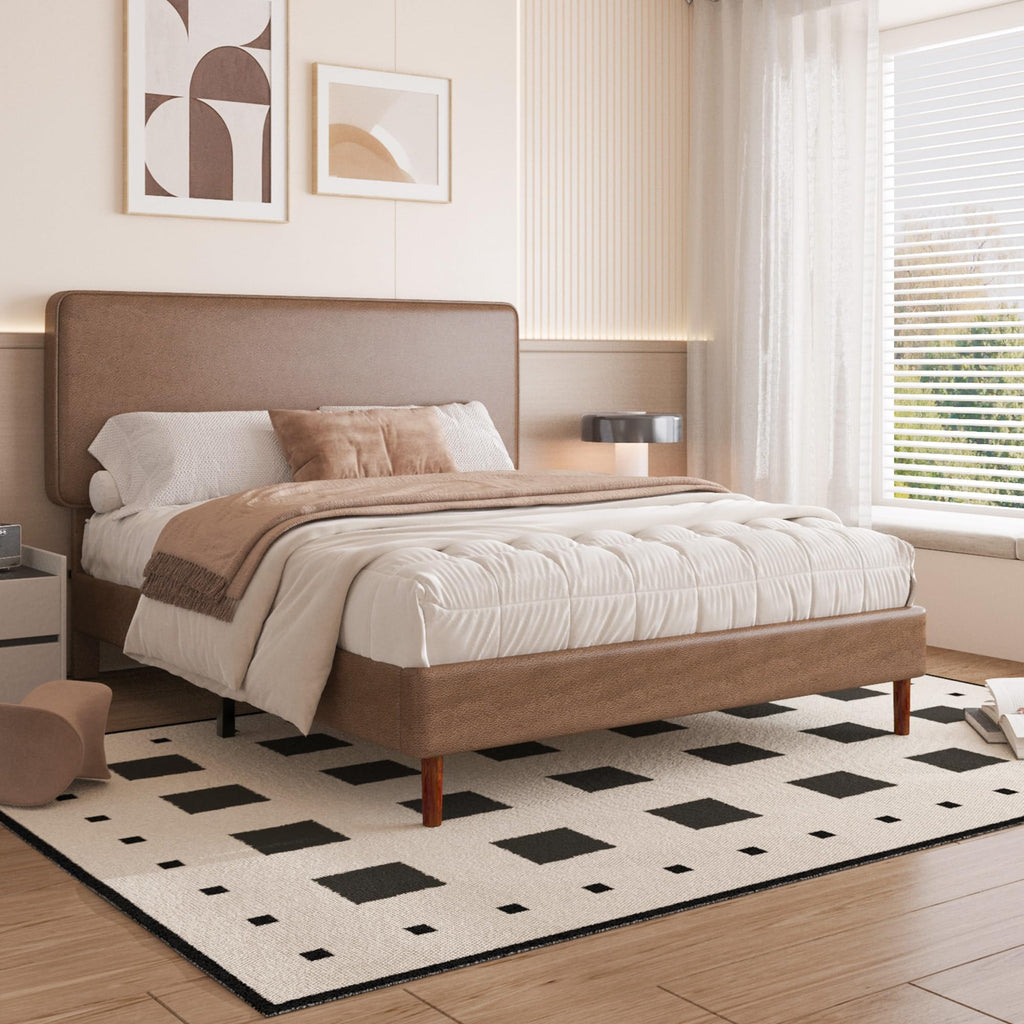 Brown Leather Full Size Platform Bed Frame W299