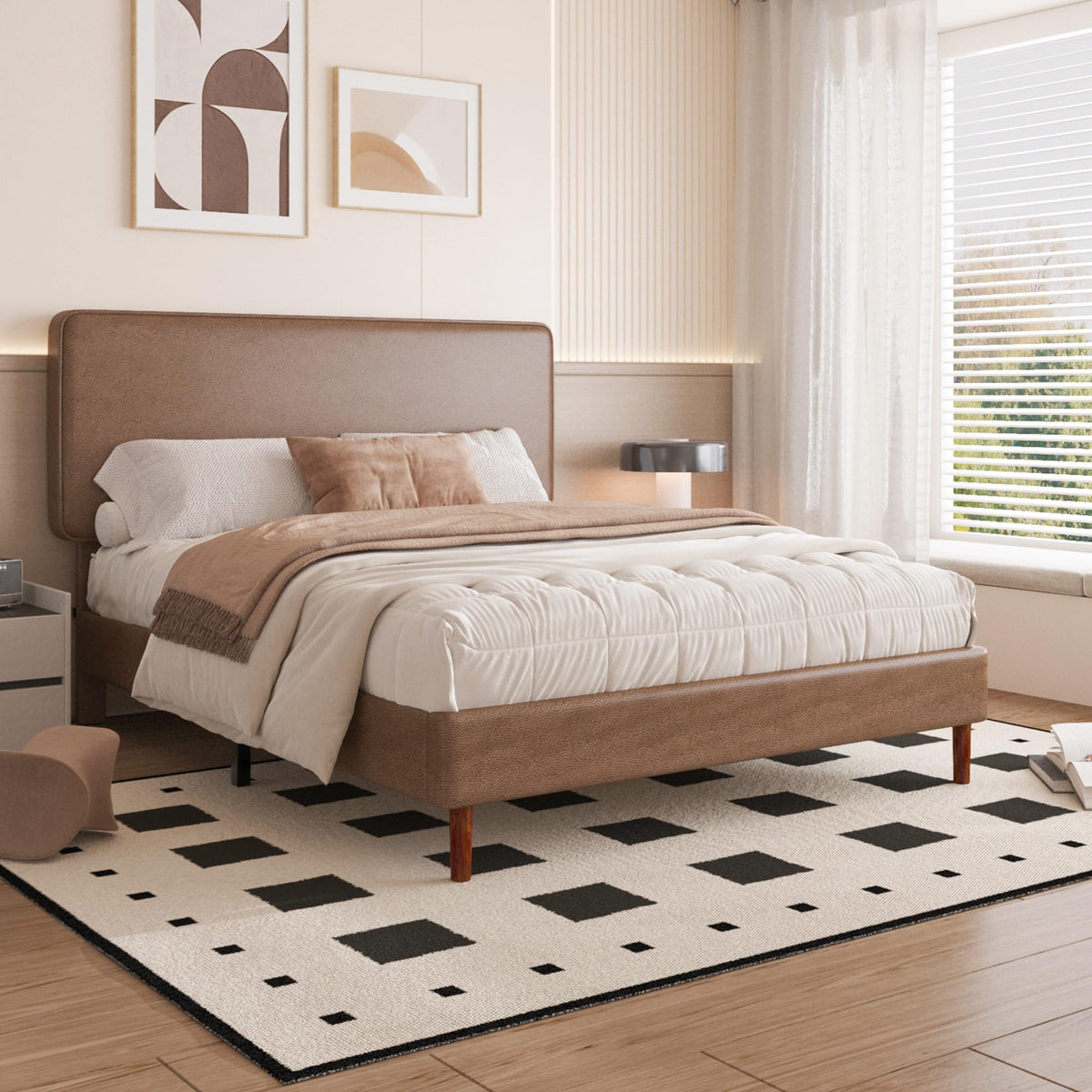 Brown Leather Full Size Platform Bed Frame W299