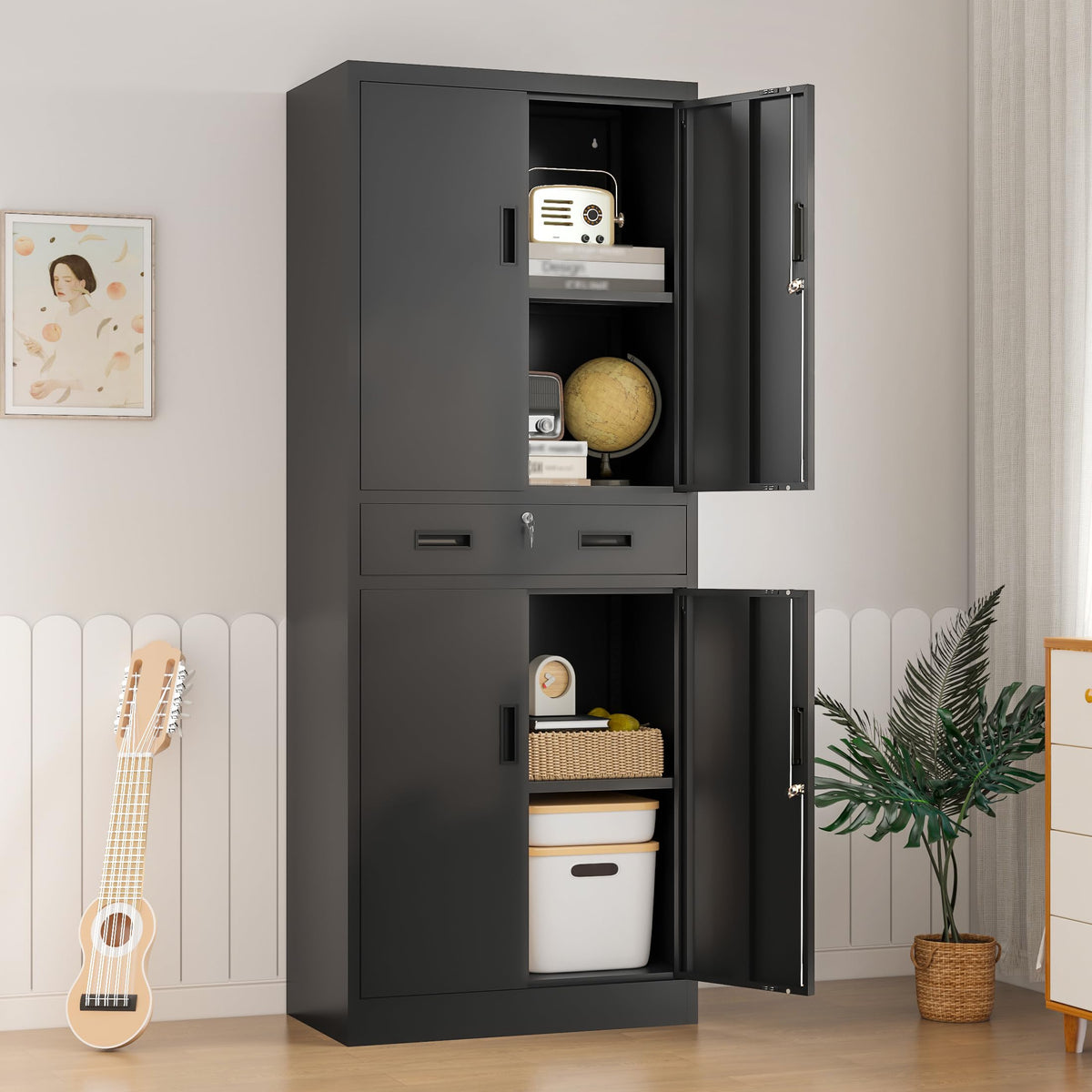 Metal Locking Storage Cabinet with Adjustable Shelves and 1 Drawer K59998